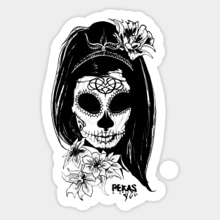 Princess catrina in black and white with flowers and text with a gloomy effect. Gloomy skulls. Sticker